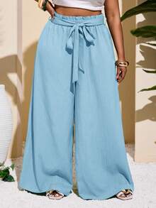 SHEIN Slayr Plus Size Women Casual & Vacation & Minimalist & Colorful Textured Striped Green Straight Leg Pants - Baby Blue - View 1