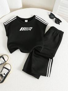 SHEIN 2件套婴儿/男婴休闲时尚运动风黑色短袖T恤和裤子套装，男婴服装，男婴夏季服装，街头服饰 - 黑色 - 查看 5