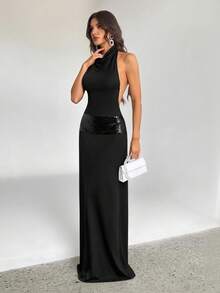 SHEIN Tall Women's Graduation Dresses, Prom Party Dresses, Cocktail Dance, Holiday Sexy, Simple And Elegant Dresses Black Sequin Patchwork Backless Halter Neck Dress Maxi Dress,Summer Dresses For Women Sequin Detail Dress Black Dress - Black - View 8