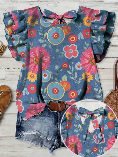 EMERY ROSE Plus Size Women Casual Vacation Hand-Painted Floral Pattern Round Neck Double-Layer Ruffle Sleeve Bowknot Back Design Elegant Loose Blouse, Summer