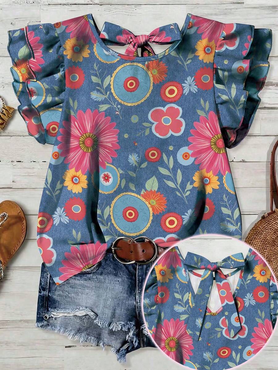 EMERY ROSE Plus Size Women Casual Vacation Hand-Painted Floral Pattern Round Neck Double-Layer Ruffle Sleeve Bowknot Back Design Elegant Loose Blouse, Summer - Multicolor - View 1