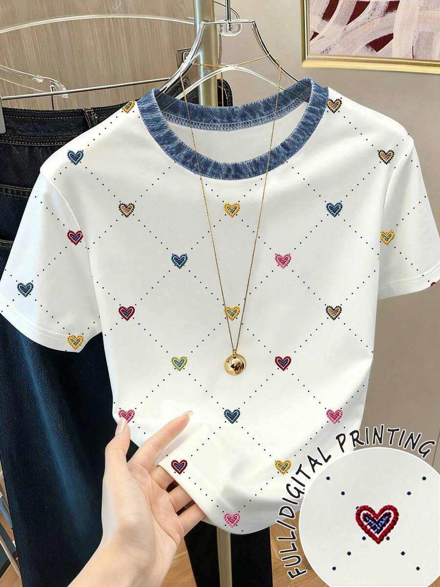 Resyla Camiseta de mujer con efecto de mezclilla, cuello de contraste y estampado de corazón - Blanco - Ver 1