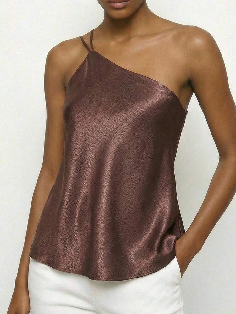 SHEIN Maija Women's Chocolate Brown One Shoulder Top,Summer Elegant Loose Fit Casual Solid Color Party Tops,Night Out Festival Holiday Outfit Ideas For Tops