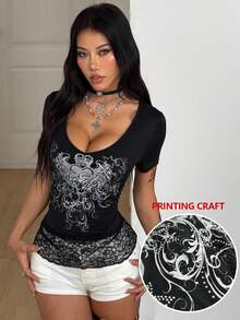 Coolane 女士春季街头音乐节休闲复古朋克风基础条纹弹力舒适黑色修身T恤 - 黑色 - 查看 2