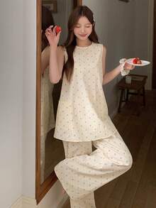 DAZY Women's Minimalist Comfortable Floral Pocket Top And Casual Lounge Pants Pajama Set Summer - Beige - View 13