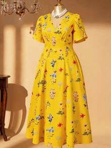 Rometta Plus Size Women's Vintage French Style V-Neck Ditsy Floral Short Sleeve Dress - Yellow - View 3
