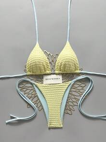Swim Mod 2026春夏黄色和蓝色拼接细肩带侧高衩系带比基尼泳衣两件套，甜美度假风沙滩日光浴度假邮轮旅行钩针编织泳衣女款 - 彩色 - 查看 1