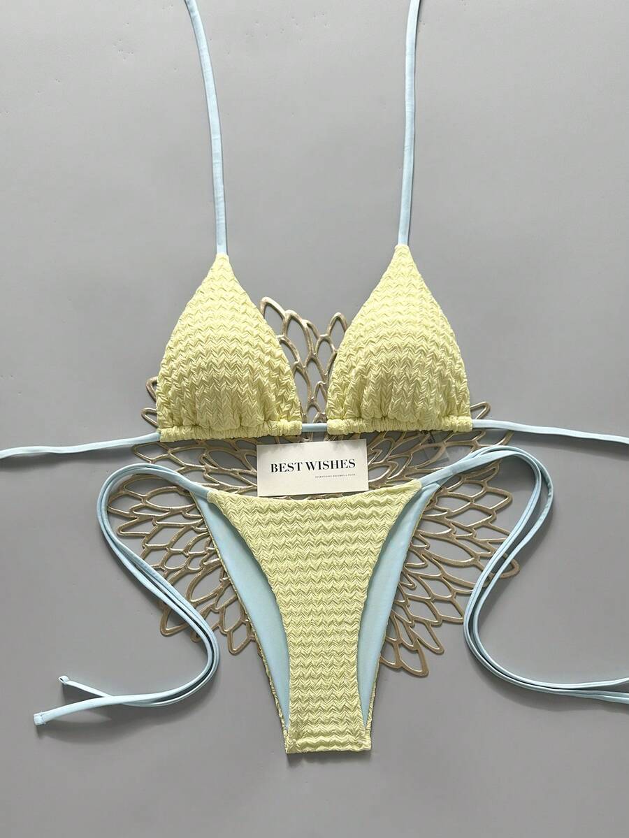 Swim Mod 2026春夏黄色和蓝色拼接细肩带侧高衩系带比基尼泳衣两件套,甜美度假风沙滩日光浴度假邮轮旅行钩针编织泳衣女款 - 彩色 - 查看 1