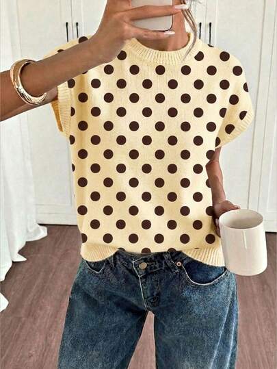 Siren Gaze Women's Colorblock Vintage Polka Dot Print Short Sleeve Sweater, Elegant And Romantic, Suitable For Outings, Street Style, Airport, Commuting, Beach Vacation, Wedding Party, Holidays