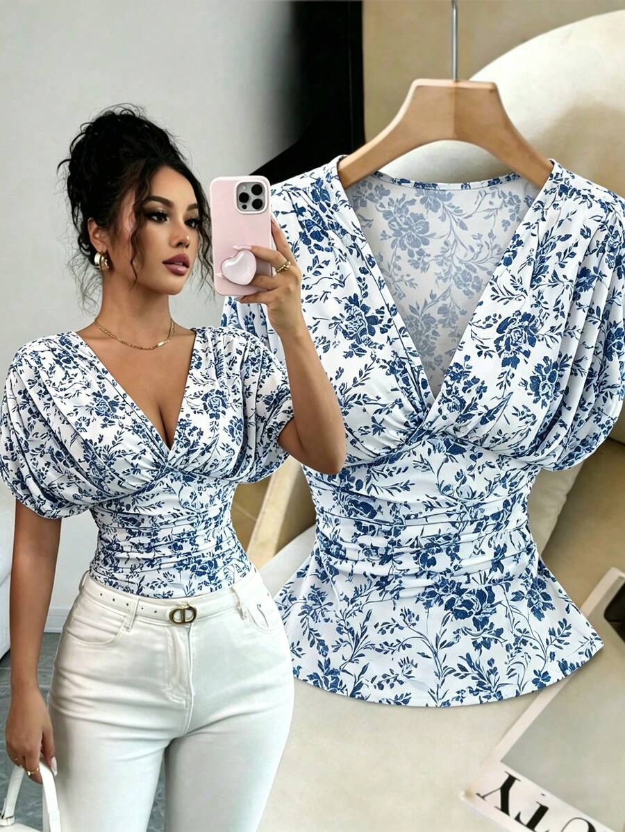 SHEIN Elenzya Women's Elegant Floral Print Waist Fitted T-Shirt, Summer - Multicolor - View 1