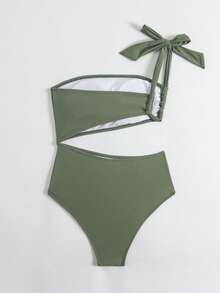 SHEIN Swim Đồ bơi một mảnh thắt nơ nữ đi biển mùa hè, phong cách đa năng cho kỳ nghỉ - Màu xanh Ô liu - Xem 6