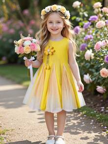 小女孩可爱3D立体花朵无袖连衣裙 - 彩色 - 查看 6