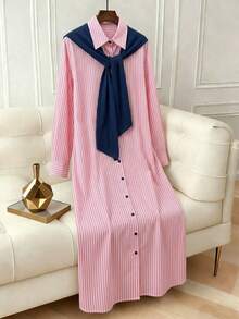 SHEIN Franclia Women's Pink And White Vertical Striped Long Sleeve Shirt Dress,Summer Casual School Back-To-School Patchwork 2 In 1 Button Design,Loose Korean Style - Pink - View 4