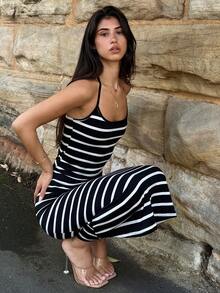 AmyJordy 女士纯色极简露背系带天鹅绒长款黑色返校礼服 Maxi 女装派对 - 黑與白 - 查看 4