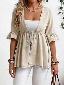 EMERY ROSE Plus Size Casual Business Casual Drawstring Waist Denim Jacket Vacation Beige Summer - Khaki - View 4