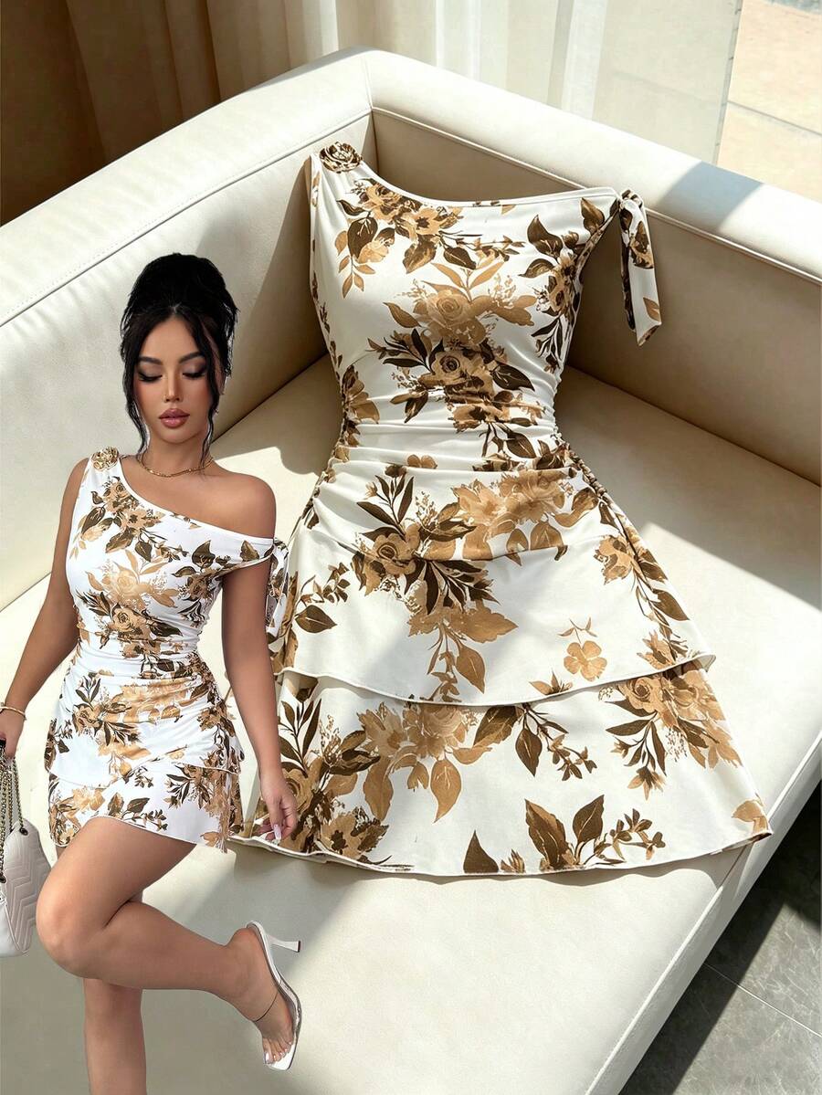 Elenzga Elegant Off-The-Shoulder Summer Dress For Women With Knitted Prints - Brown - View 1