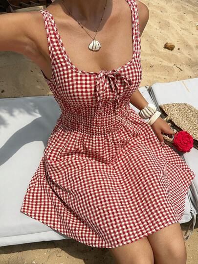 Sweetra Summer Island Vacation Style Retro Red Plaid Design Cinched Waist Unique Tie-Up Beach Casual Relaxed Sexy Chic Mini Dress For Women