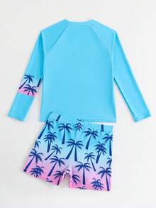 SHEIN Tween Boys Aqua Blue Swimwear Set,Ombre Palm Tree Print Long Sleeve Rash Guard And Swim Trunks,Funny Colorblock Letter Graphic,Summer Vacation Holiday - Blue - View 2