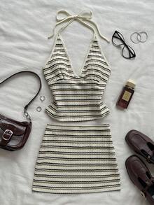 Attitoon Women's Summer Casual Striped Backless Halter Top And Mini Skirt 2 Pieces Set - Khaki - View 8