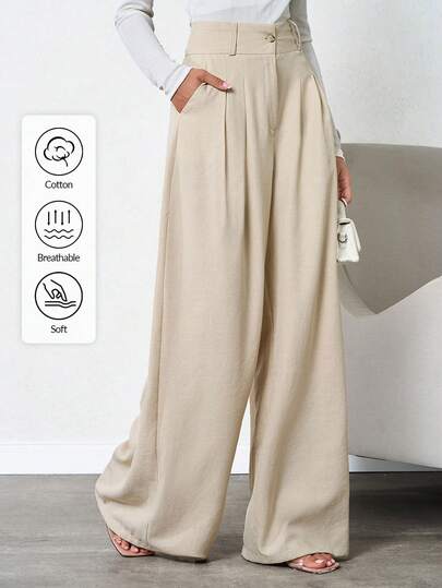 SHEIN 100%Cotton Plus Women Beige Deep Pleated Comfortable Relaxed Linen Pant Oversized Pants Wide Leg Pants Wide Pants Loose Pants Women Wide Leg Pants