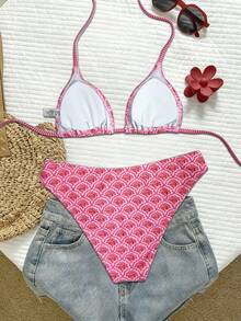 Swim Vcay Set Bikini Wanita Musim Semi/Panas untuk Festival Musik Pantai, Motif Bunga, Model Halter dengan Cup Segitiga, 2 Potong - Berwarna merah muda - View 2