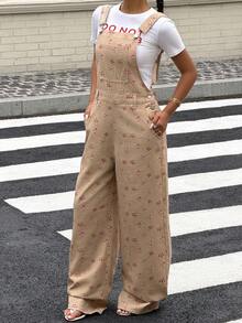 Livesso Bộ jumpsuit denim ôm sát họa tiết hoa nhí dành cho nữ - Màu Khaki - Xem 5