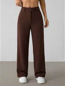 SHEIN PETITE Women's Solid Color High Waist Straight Leg Casual/Office Pants - Coffee Brown - View 5