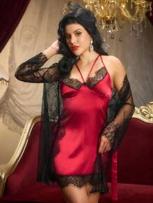 女士优雅性感蕾丝浴袍、吊带睡衣睡衣套装 - 酒紅色 - 查看 2