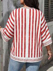Linhara CURVE Women's Casual Striped Open Loose Shirt, Suitable For Summer/Vacation - Red and White - View 2
