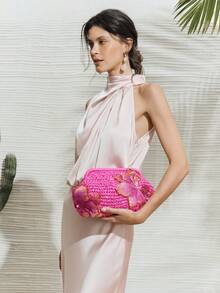 SHECARRY 1件度假风亮粉色亮片花朵搭扣饺子包，热带沙滩手拿包，春夏草编包，时尚链条斜挎包（女士款） - 玫紅色 - 查看 1