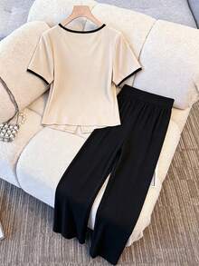 GlowEve CURVE Damen Frühling/Sommer Große Größen Farbblock Strick Rundhals Locker Gerade Lässig Top mit passender Weite Bein Hose, bequemer vielseitiger Outfit für Alltag, Party, Zuhause und Arbeit - Verschiedenfarbig - Übersicht 2