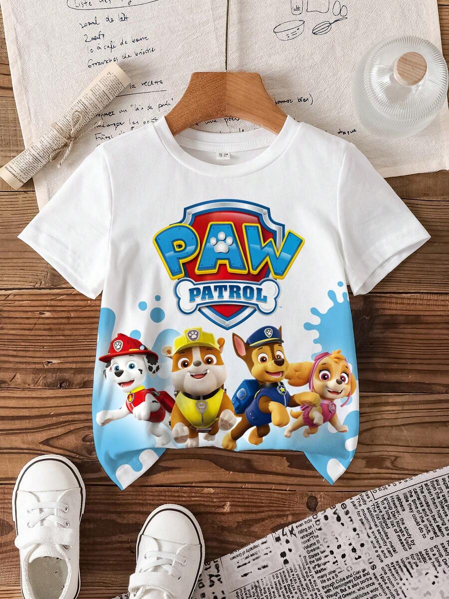 SHEIN | PAW Patrol Áo thun tay ngắn cổ tròn in chữ, kiểu dáng thường ngày, đa năng, dành cho bé trai. - trắng - Xem 1