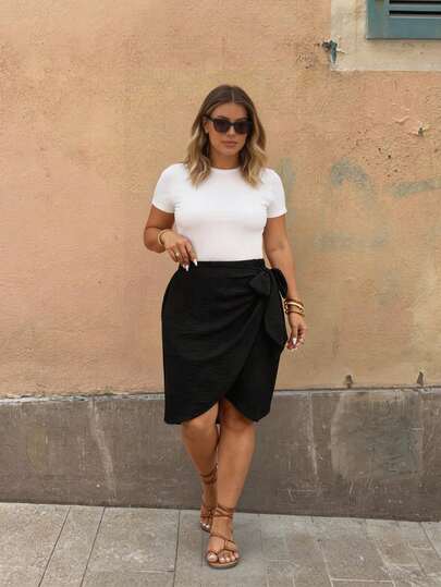 Elaquor Leopard Printed Plus Size Wrap-Style Skirt Black Plus Size Skirts Black Skirt For Women Curve Office Outfits For Women Plus Size Business Casual Women Outfits Plus Size Plus Size Wrap Skirt Casual Vacation Skirt For Women