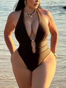 Swim SXY 大码女士纯色高衩露背性感连体泳衣 - 咖啡棕 - 查看 4
