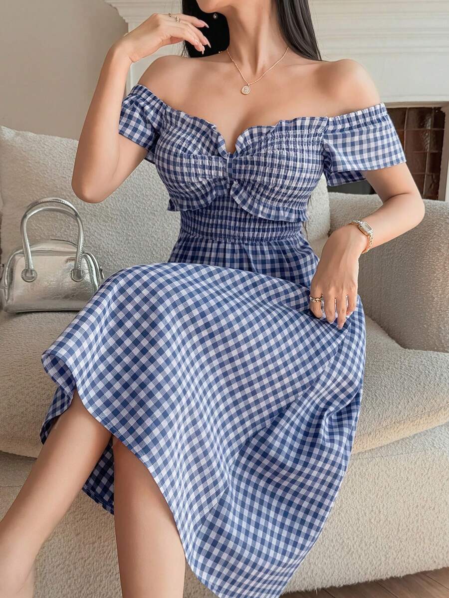DAZY 女士优雅印花短袖中长连衣裙,夏季女士连衣裙 - 藏蓝色 - 查看 1