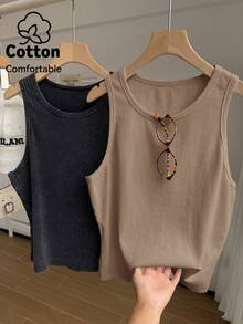 Comfortcana 2pcs/Set Black & White Solid Color Sleeveless Washed Comfortable Ribbed Crew Neck Knit Tank Top, Plus Size, Spring/Summer - Multicolor - View 1