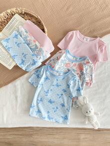 6 Stück/Set Baby Mädchen Süßer minimalistischer französischer Prinzessinnenstil blauer Schleife weiß gepunktetes Blumen Homewear Set - Verschiedenfarbig - Übersicht 4