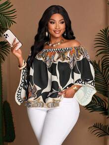 Plus Size Women's Line Floral Print Vacation Casual Spring/Summer Off-Shoulder Shirt - Black - View 5