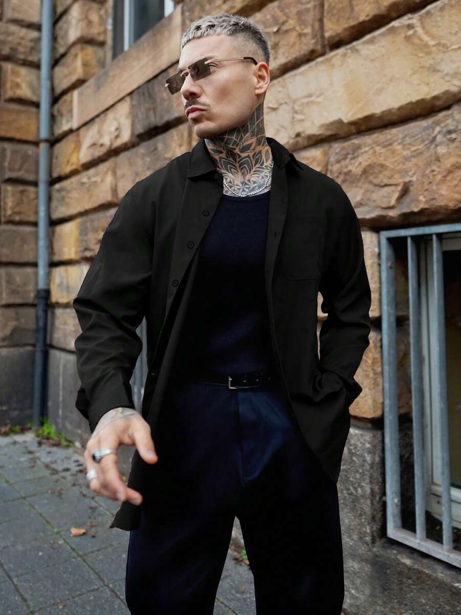 Artur Kramer 男士长袖正装衬衫,纯棕色,纽扣设计,适合婚礼、办公室、正式场合、派对等,展现经典绅士风范,是送给父亲或男友的理想礼物。 - 黑色 - 查看 1