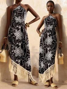 Vesra Vestido de mujer con estampado floral de vacaciones, cuello halter, cintura asimétrica con flecos y empalmes de colores contrastantes - Blanco y Negro - Ver 4