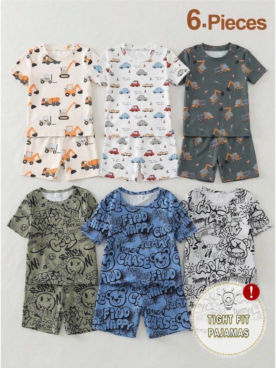 6件套男童简约时尚酷炫足球图案短袖短裤贴身睡衣套装 - 彩色 - 查看 1