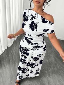 SHEIN Clasi Plus Size Women's Elegant Brown Floral Asymmetrical Shoulder Fishtail Hem Dress,Summer Curve Wedding Gym Guest Cocktail Bachelorette Party Outfits - Black and White - View 1