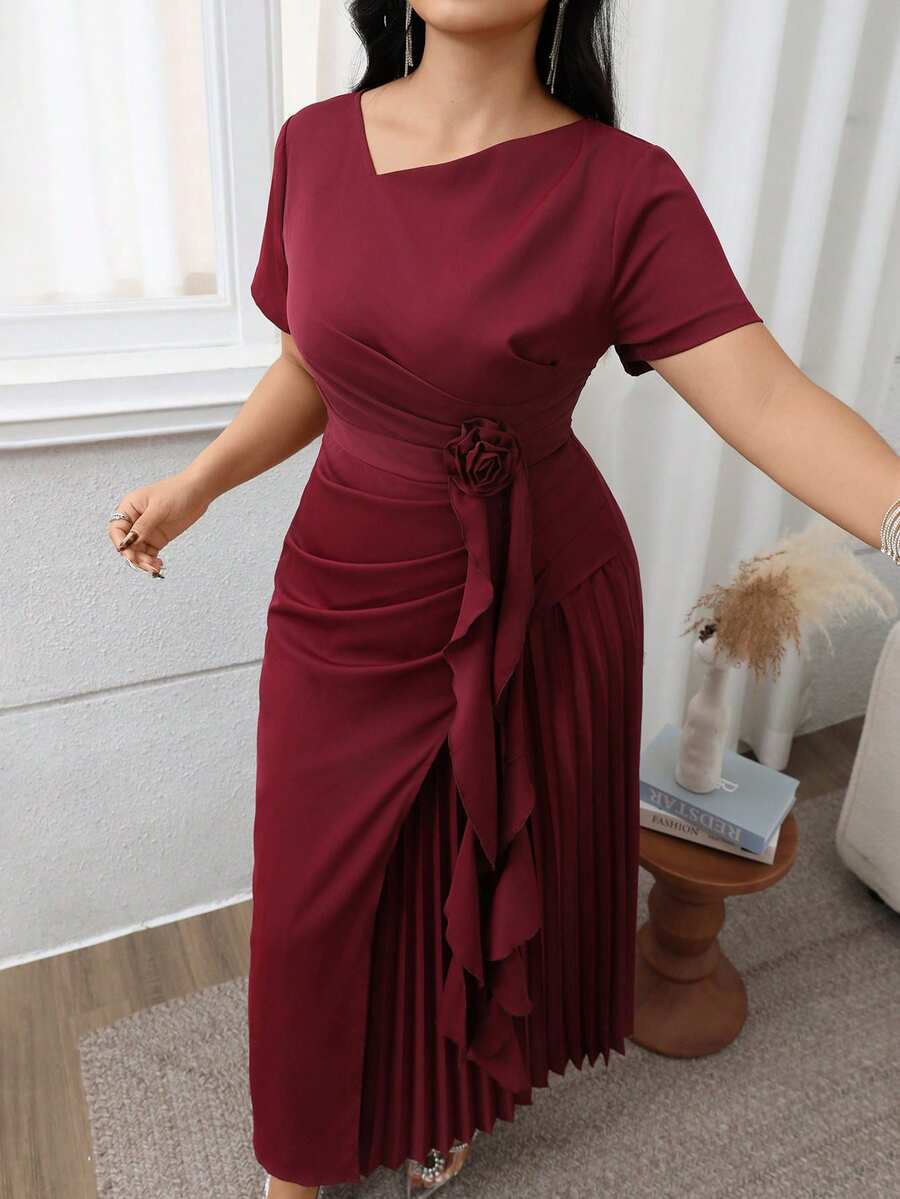 Modelyn Vestido plisado de parches con decoración floral 3D de unicolor elegante talla grande, para verano - Burdeos - Ver 1
