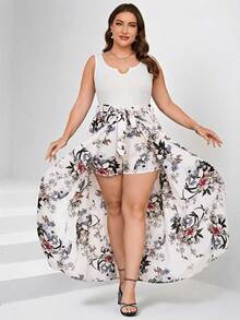 Mono de mujer talla con estampado tropical de plantas, sin mangas, con lazo en la cintura y sobrecapa, para vacaciones de verano en la playa - Blanco - Ver 4