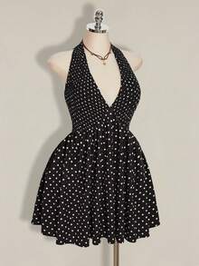 SHEIN ICON Đầm chấm bi hở lưng buộc dây phía trước dành cho nữ cỡ lớn, thích hợp cho kỳ nghỉ hè ở bãi biển, thích hợp cho kỳ nghỉ ngắn ngày. - Đen và trắng - Xem 7