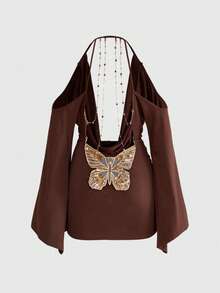 Y2K Đầm ngắn nữ gợi cảm, phong cách avant-garde, hở lưng, cổ khoét sâu, tay áo xòe, chất liệu ren móc xuyên thấu. - màu nâu - Xem 2