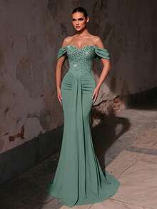 Glamrae Elegant Luxurious Elastic Knit Off Shoulder Strapless Dress With Rhinestone,Handcrafted Beaded Mermaid Hem Formal Gown For Autumn/Winter For Women - Green - View 5