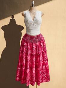 SHEIN ICON Chân váy cỡ lớn có dây rút eo, họa tiết Paisley, thích hợp cho kỳ nghỉ hè, đi nghỉ mát. - Màu Hồng Tươi - Xem 5