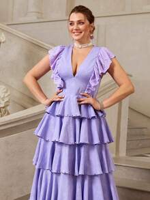 VOLUPTÉ CURVE Plus Size Spring/Summer Lavender Chiffon V-Neck Ruffle Sleeve High Waist Tiered Cake Skirt Long Elegant Wedding Guest Birthday Party Graduation Season Dress - Purple - View 6