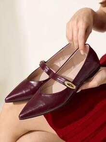 CUCCOO CHICEST Women Shoes Spring. New Pointed Flat Heel Romantic Elegant Burgundy PU Metal Shell Buckle Women's High Flat Shoes Dress Shoes Bridal Shoes Wine Season Sign For Valentine's Day Elegant Versatile - Burgundy - View 5